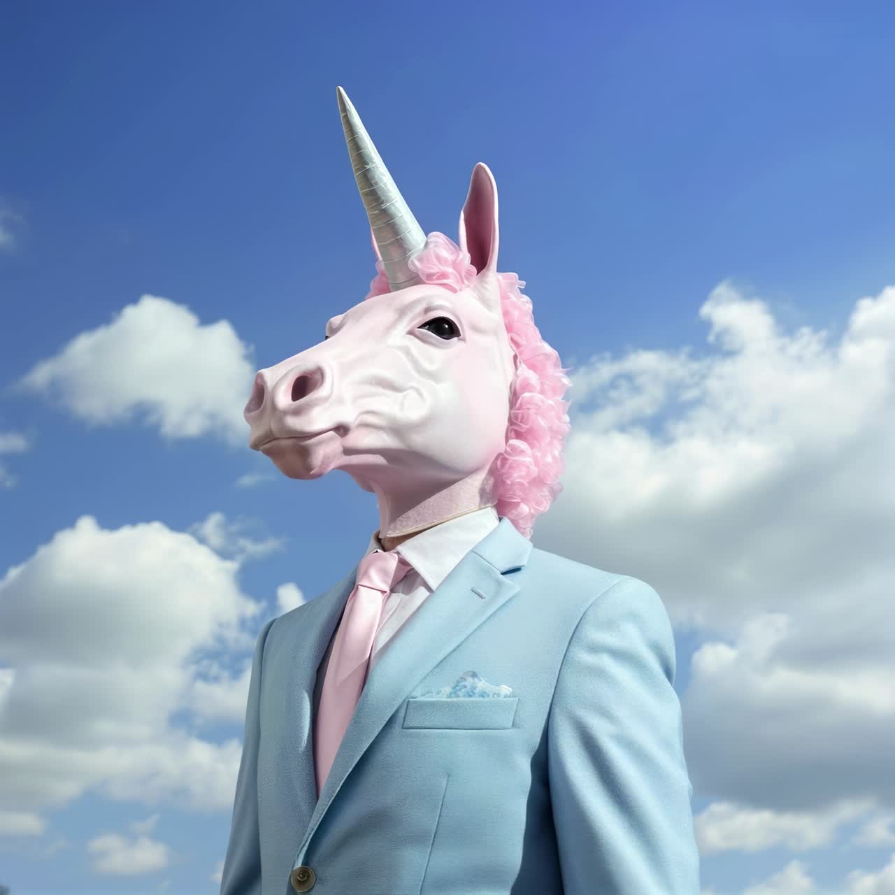 Konsep video surealis tentang sosok berkepala unicorn mengenakan setelan pastel, diambil dari sudut pandang rendah.