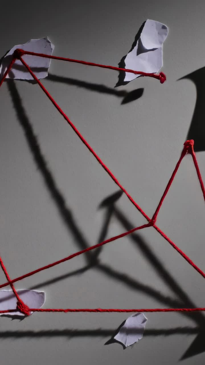 Video verticale: Mano che tira e lega un filo rosso su una parete semplice, formando una ragnatela poligonale con ancoraggi di carta.