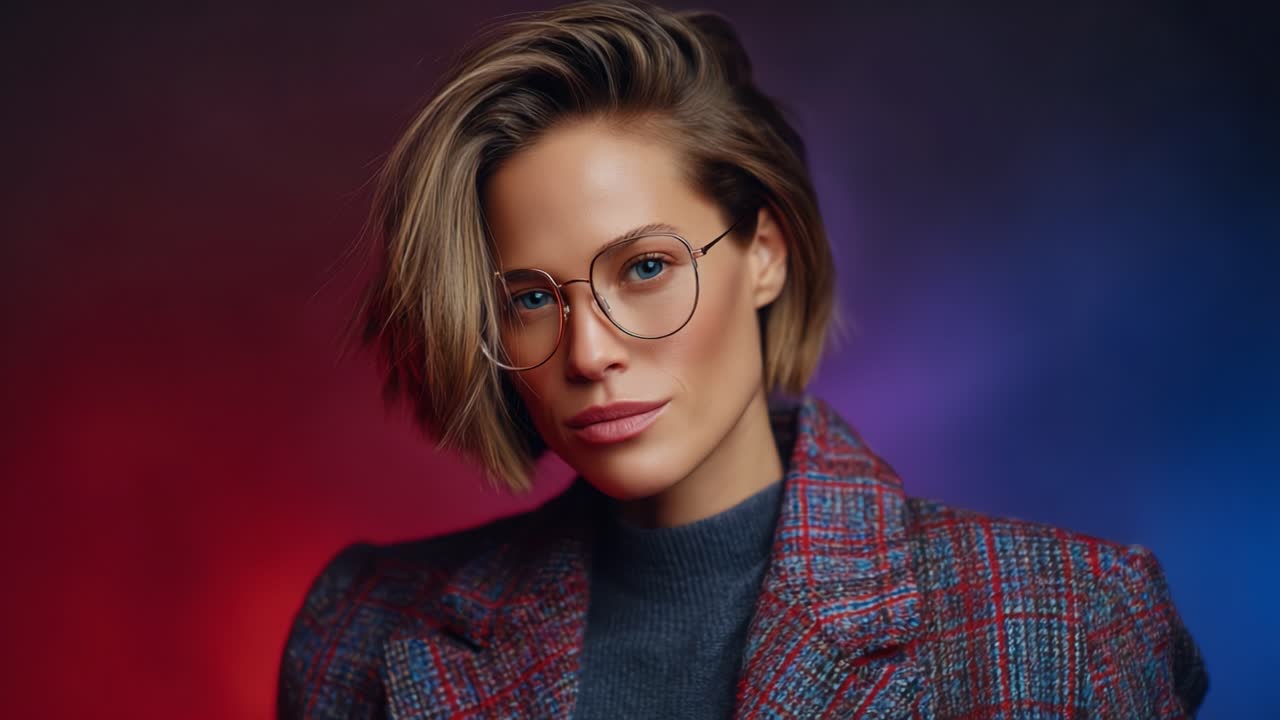 A captivating portrait of a stylish woman with glasses, showcasing her confident expression and modern fashion sense against a dramatic gradient background, highlighting her beauty and elegance