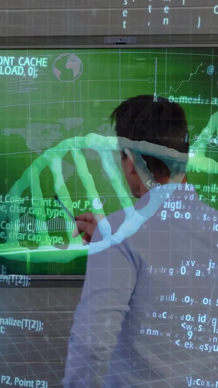 Vertical video: Researcher placing hand on screen, tracing DNA helix with pen and analyzing data
