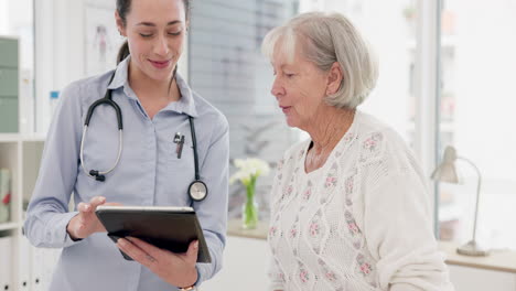 Woman,-doctor-and-tablet-with-senior-patient