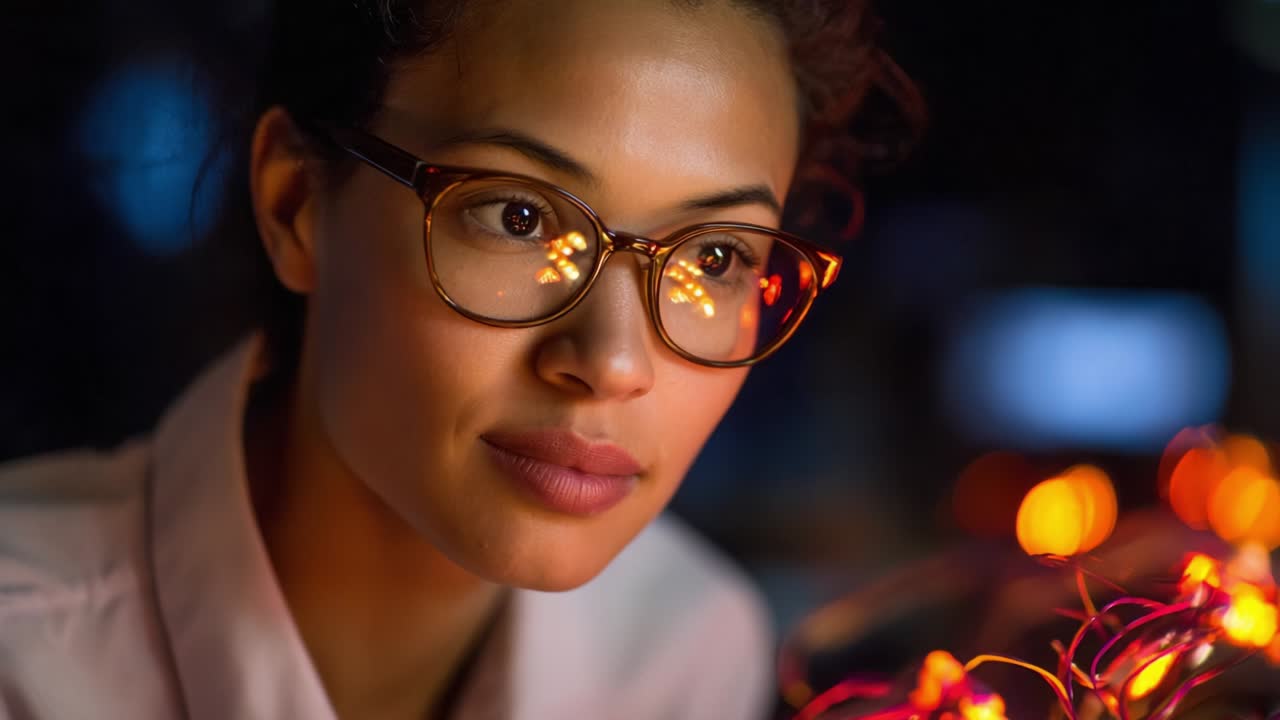 Een doordachte ontmoeting: een jonge vrouw verdiept in diepe reflectie, omringd door warme, gloeiende lichten, die een moment van introspectie en sereniteit vastlegt in een gezellige omgeving