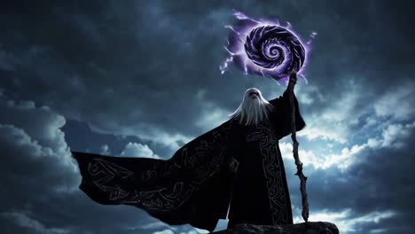 powerful wizard with dark magic staff