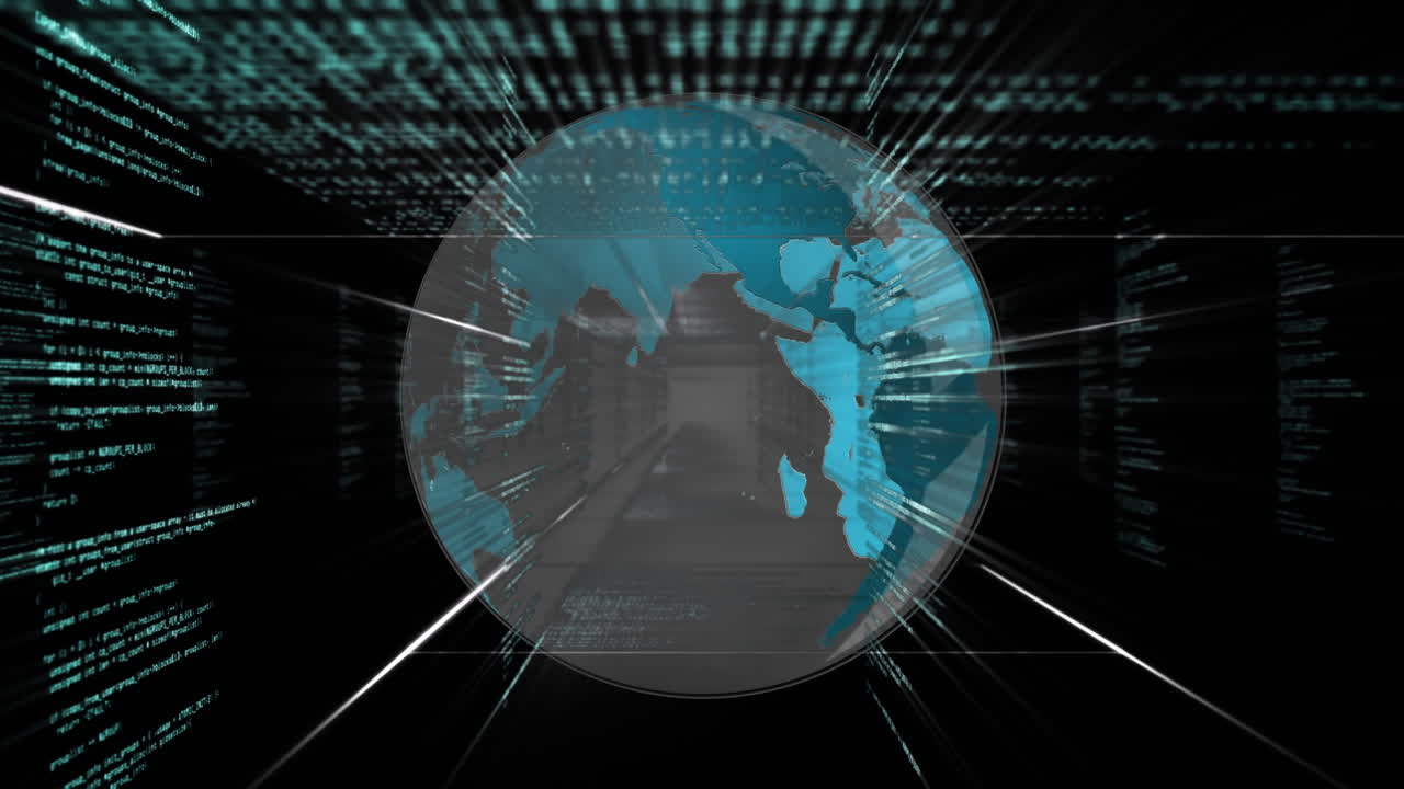 Animation of data processing and globe in black space