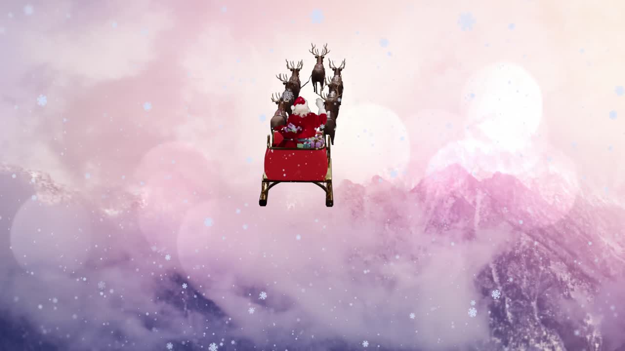 Animation of snow falling over christmas santa claus in sleigh with reindeer