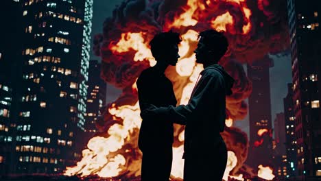 silhouette couple in a city fire