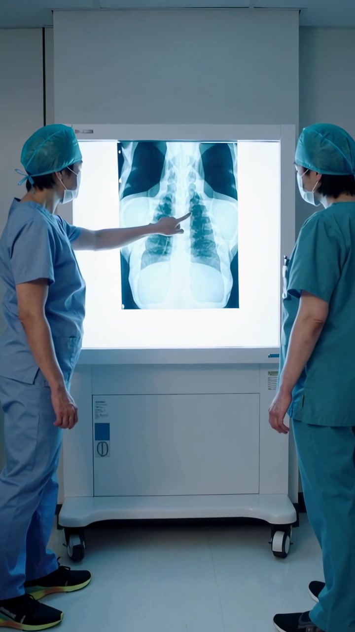 Vertical video: Raising left hand two med staff in scrubs pointing at chest xray on cart reviewing