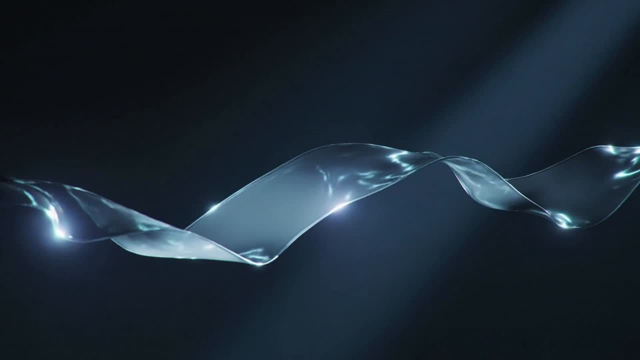 Drifting sheer ribbon swaying in dark void while upper right beam striking, showing bright glints