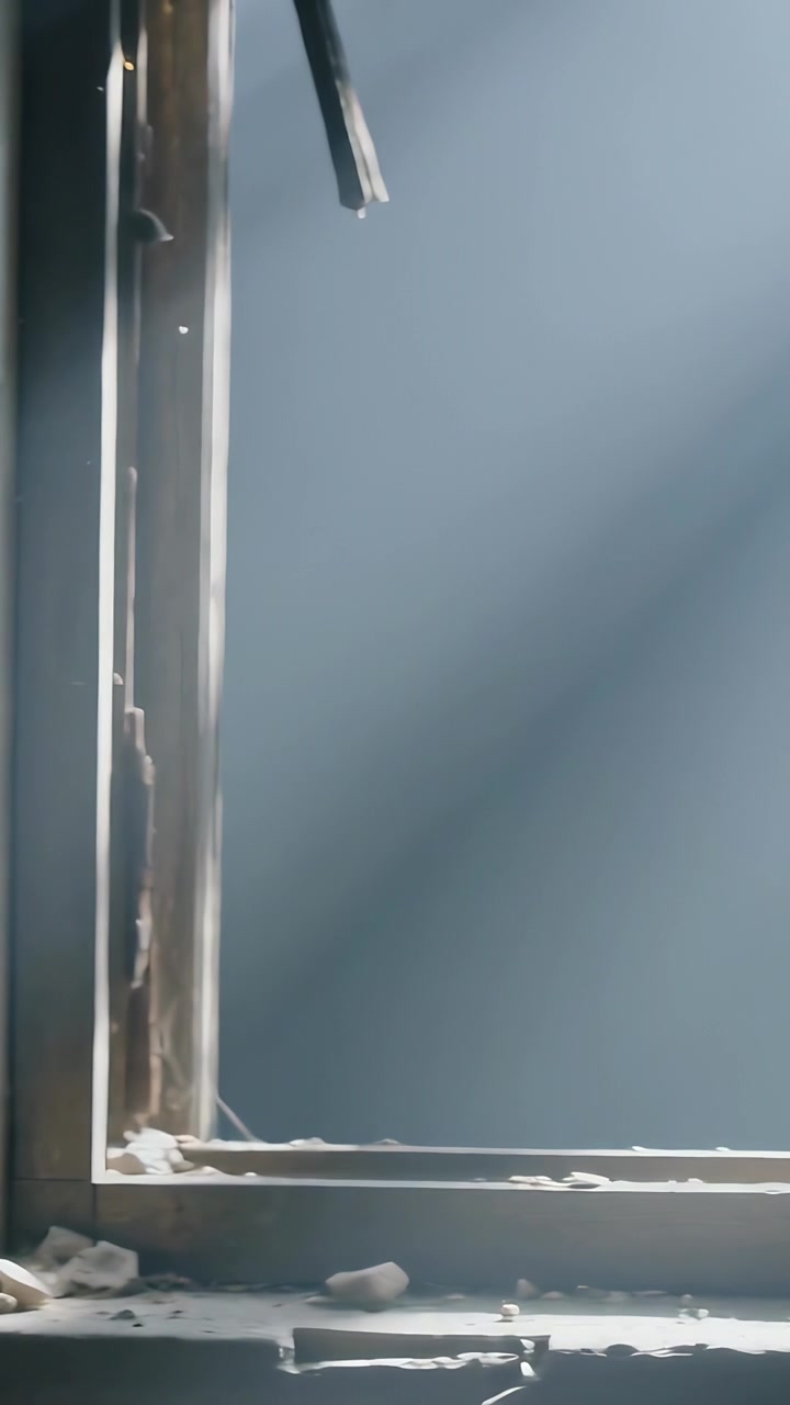 Vertical video: Camera panning showing frame and sill in room, revealing hanging strip and light