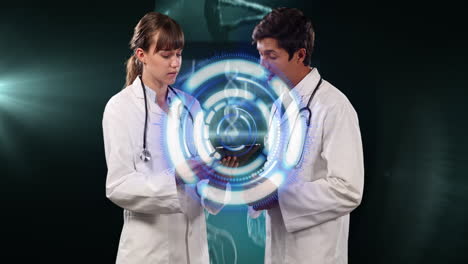 animation of data processing over caucasian male and female doctors talking