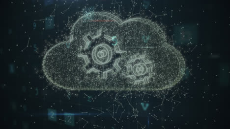 animation of network of connections, malware, scanning, cloud with cogs on black background