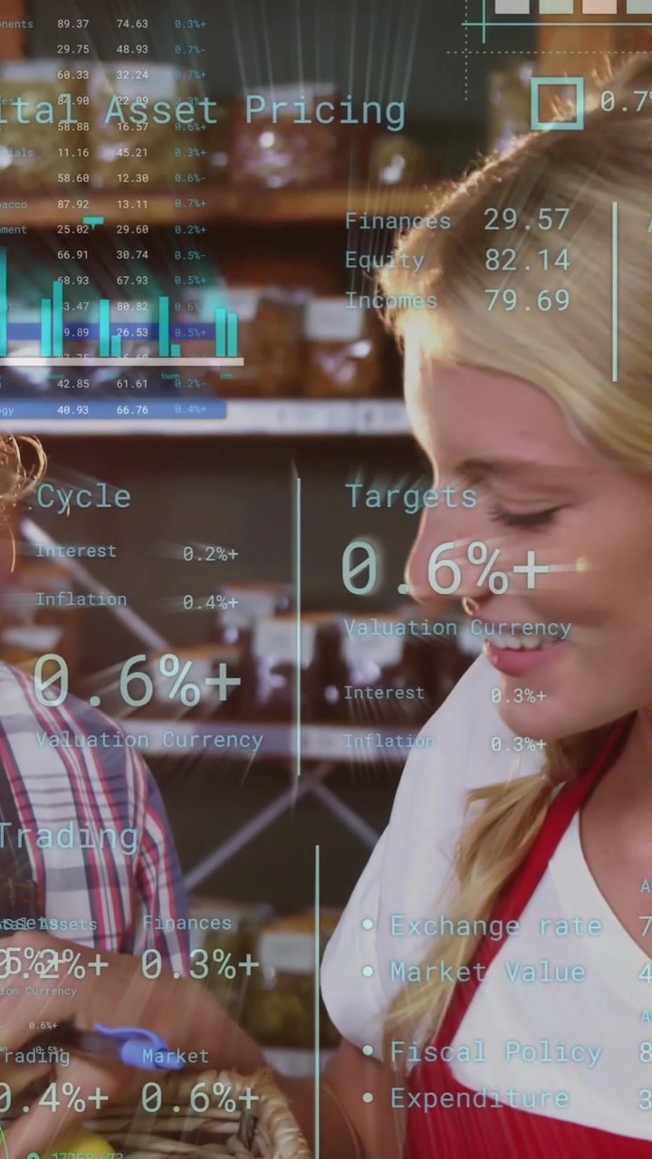 Vertical video: Two staff holding basket, right worker scanning, HUD charts updating retail prices