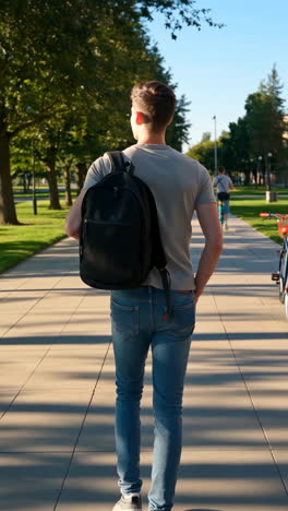 a young man walking away with a backpack on a sunny path