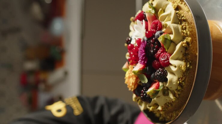 Crostata di frutti rossi decorata che ruota sul tavolo