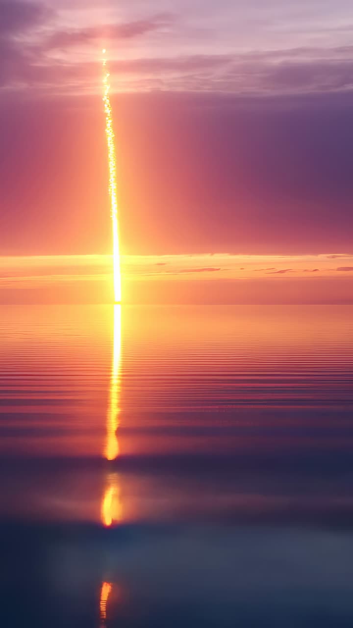 Vertical video: Glowing gold column rising dawn over sea, sending sparks, mirrors ripples, low band