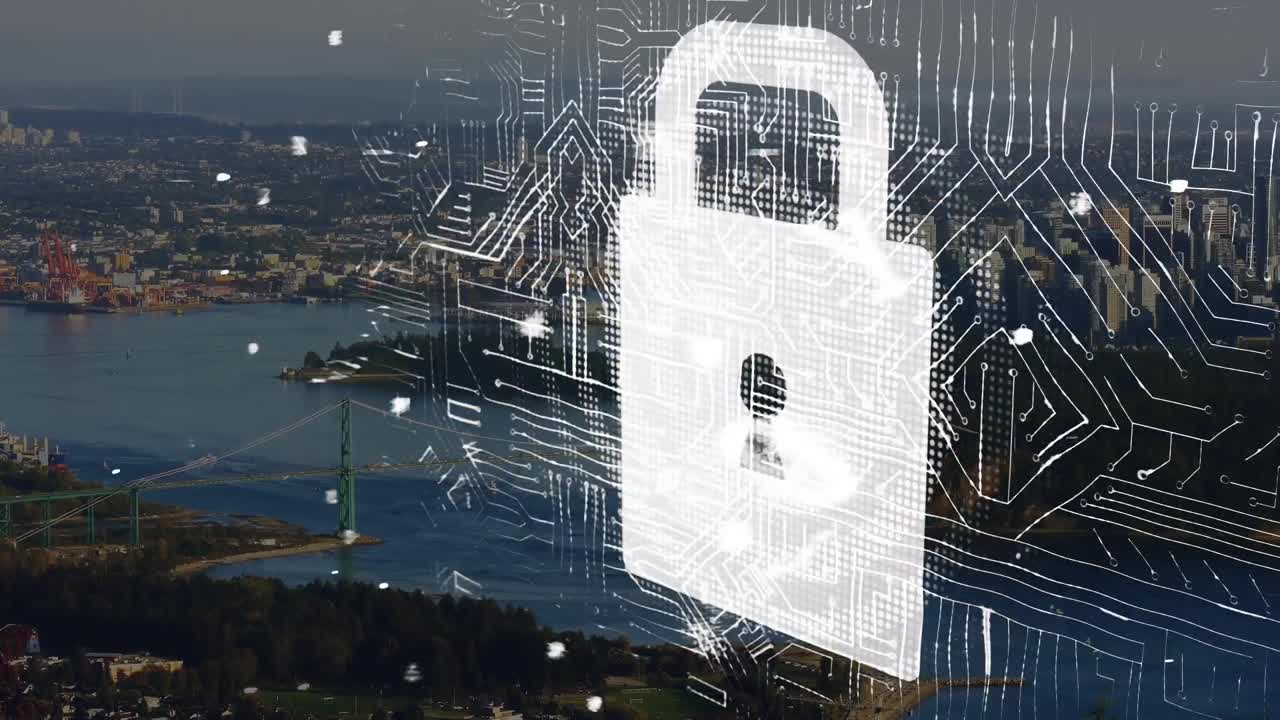 animación de candado y procesamiento de datos sobre el paisaje urbano