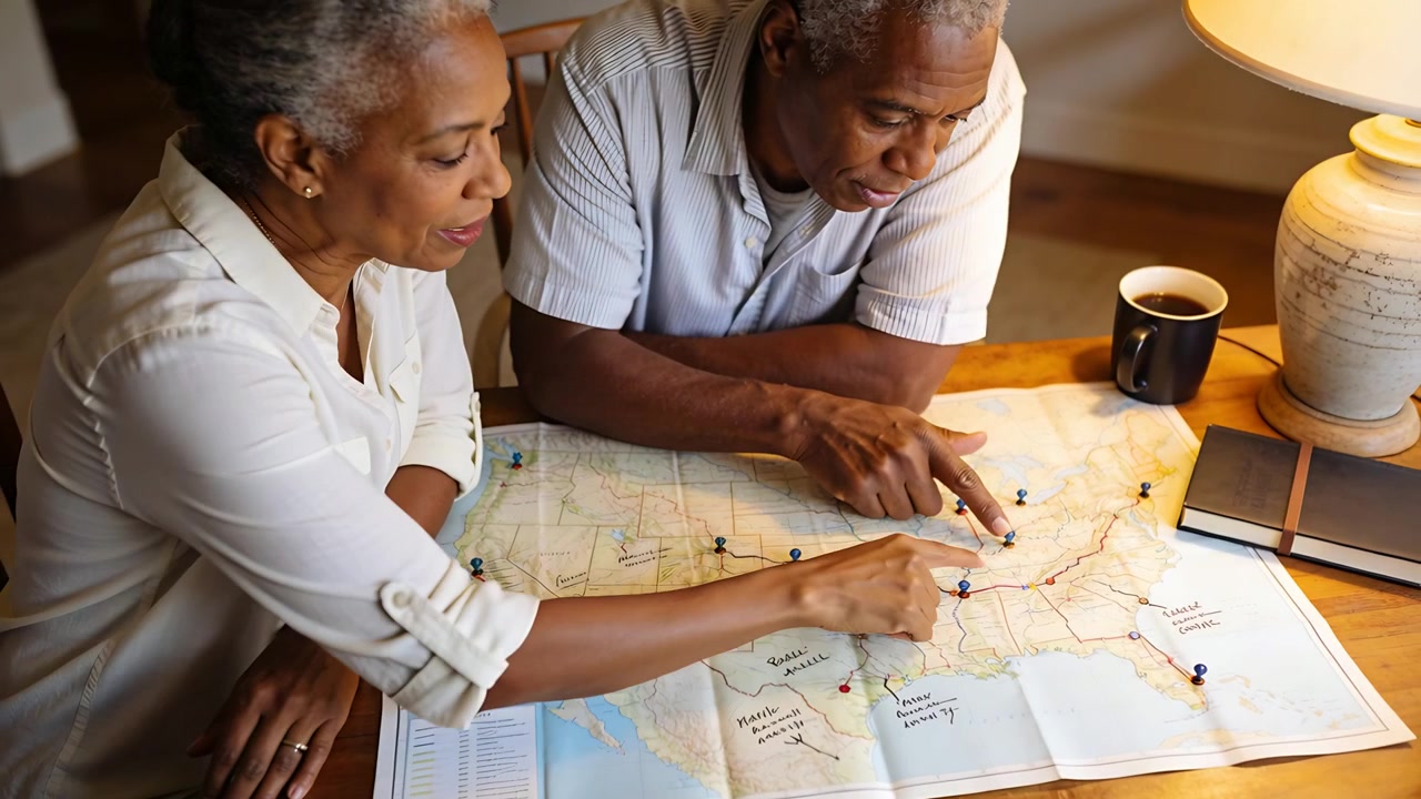 Man pointing starting trip planning, senior couple striped polo white shirt placing pins on US map