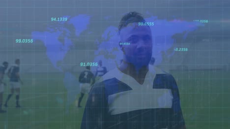 Animation-of-numbers-over-world-map-against-african-american-male-rugby-player-on-sports-field