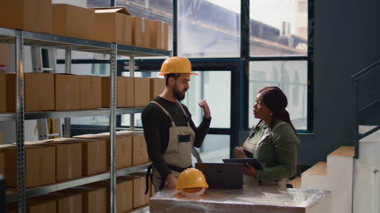 Warehouse workers discussing inventory in a storage facility