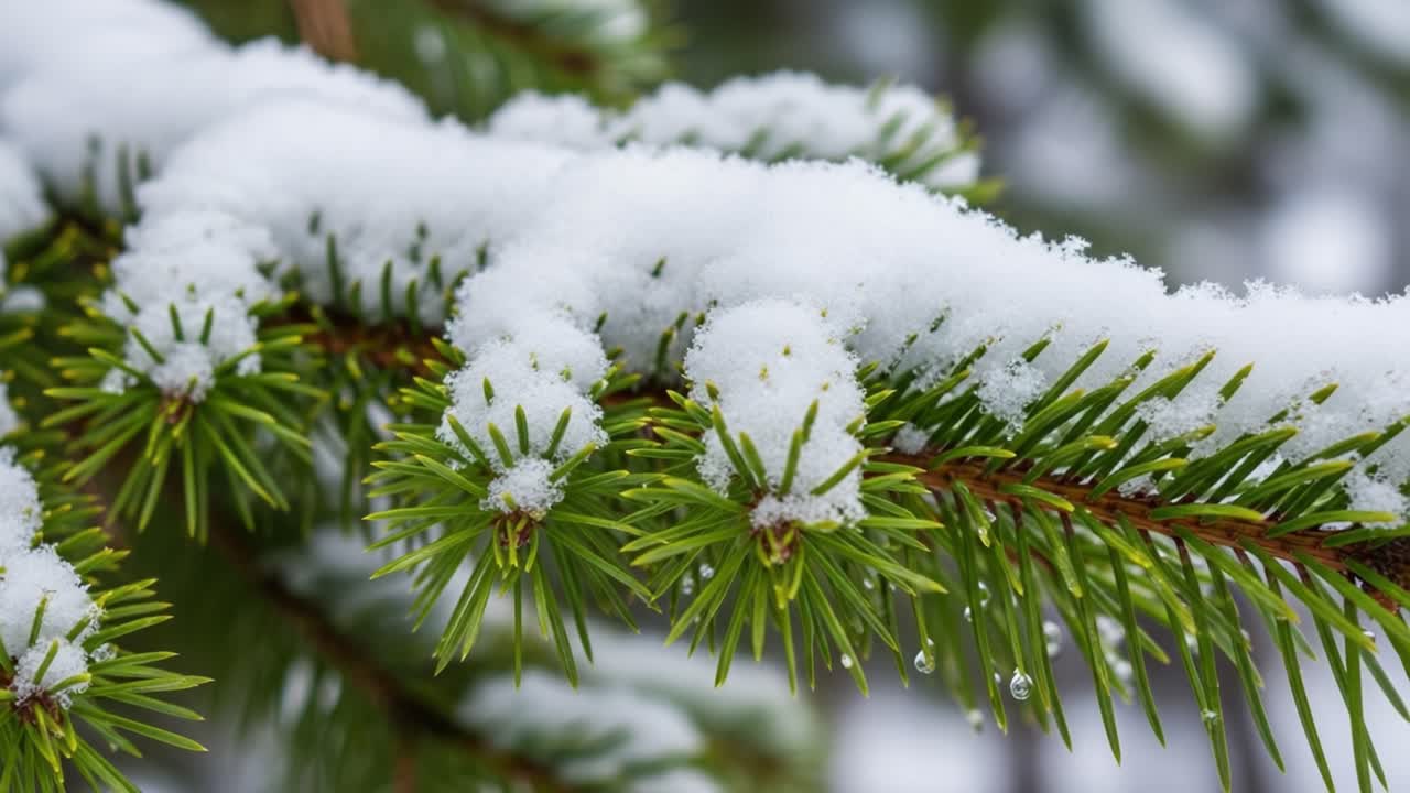 A Glimpse of Winter: Snow-Capped Pine Branches Adorned with Fresh Snowflakes, Capturing the Essence of a Tranquil Winter Wonderland in Nature's Beauty