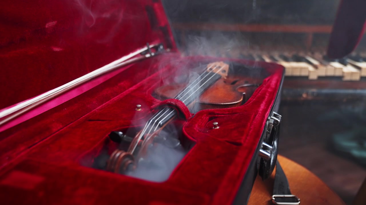 Violino misterioso in custodia di velluto rosso con fumo che sale