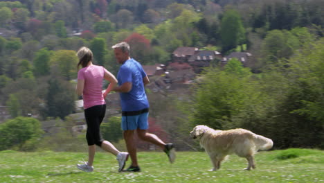 Pareja-Madura,-Con,-Perro,-Jogging,-En,-Campo,-Filmado,-En,-R3d