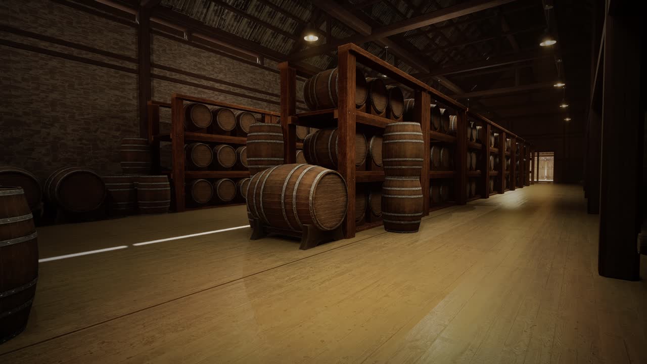 Stockage de fûts de vin dans le chai. Fûts de cognac, de vin ou de whisky. Barriques de vin en chêne. Entrepôt d'alcool