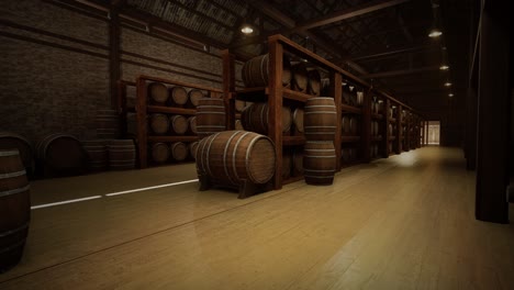 almacenamiento de barriles de vino en la bóveda de vinos. barriles de coñac, vino o whisky. barrilles de vino de roble de madera. almacén de alcohol