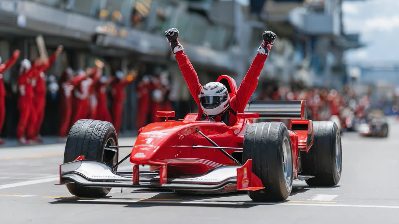 L'eccitazione sale mentre il pilota da corsa celebra la vittoria nella dinamica auto di Formula dopo una gara intensa, significando il trionfo in pista con il supporto entusiasta del team.