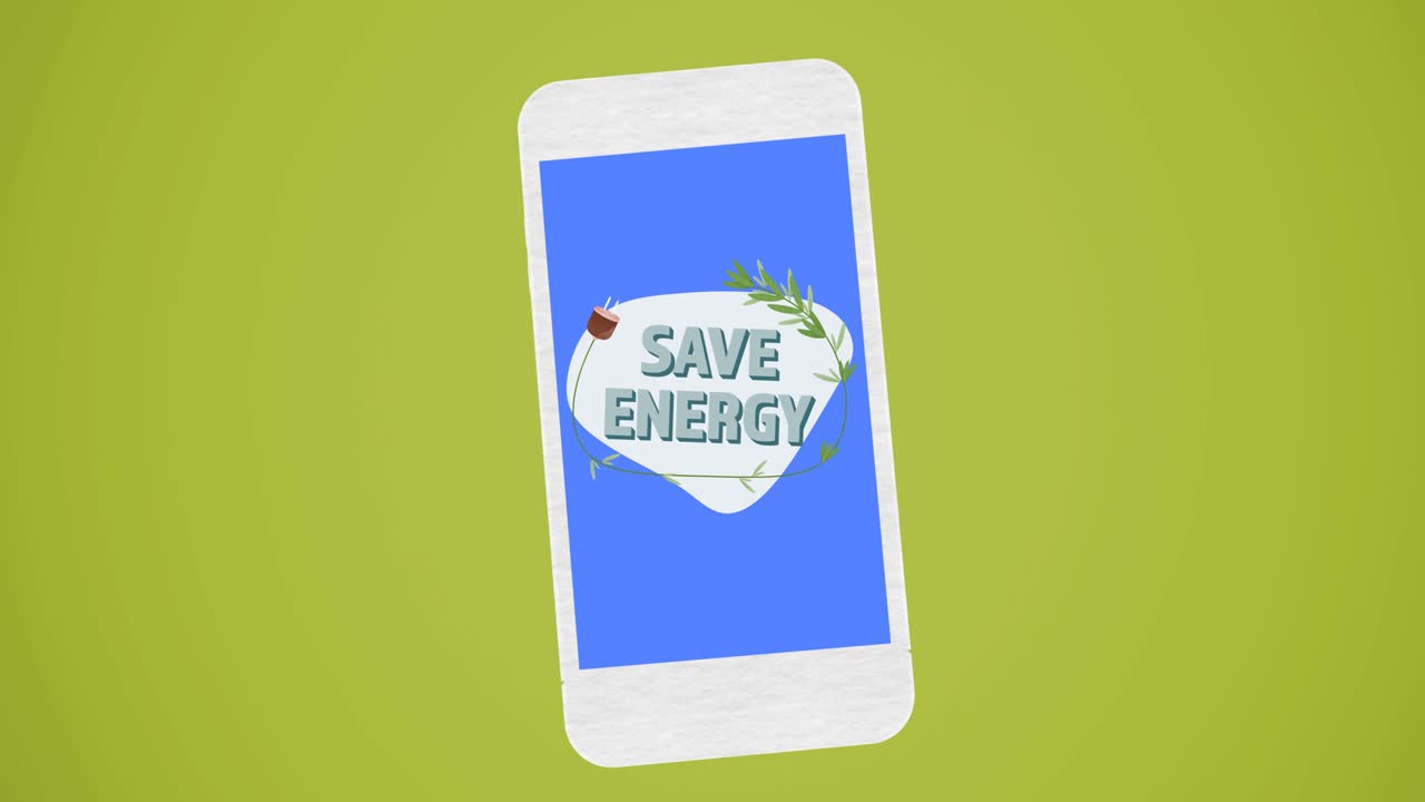 Animation of save energy text and logo on blue smartphone screen, on green background