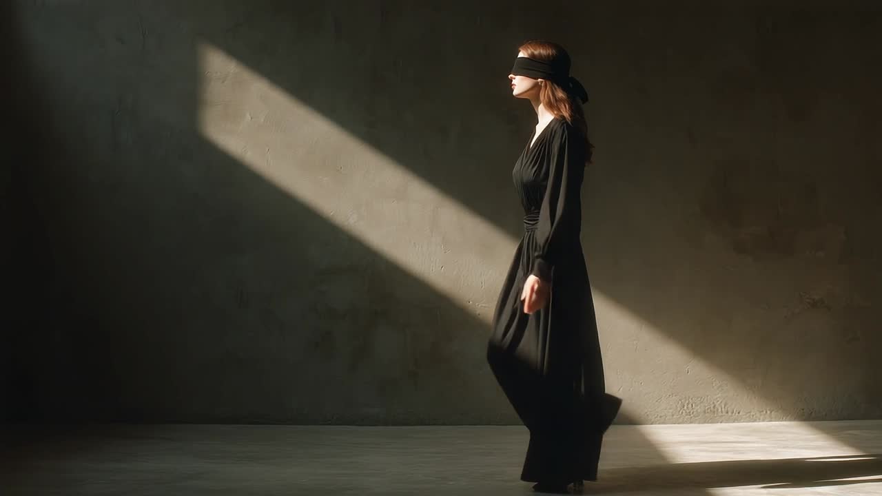 Donna in abito nero cammina con sicurezza in una stanza illuminata dal sole
