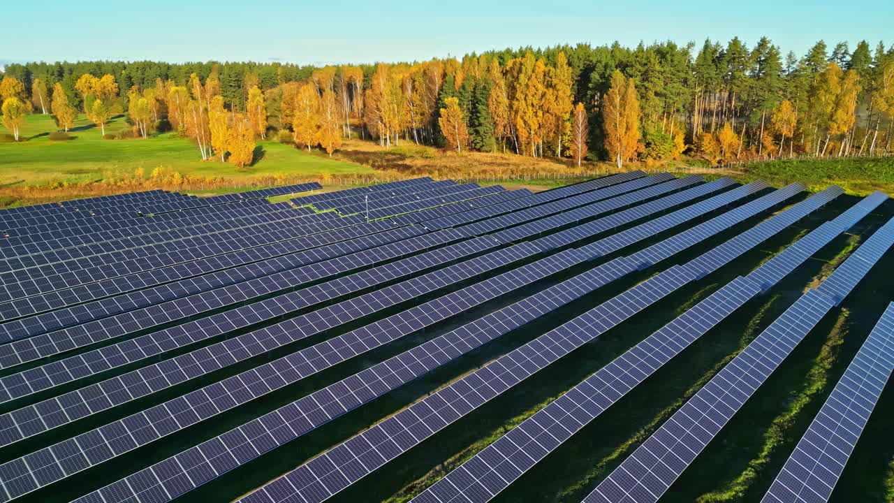 Warm light on solar field surrounded by trees and rural open land, drone perspective
