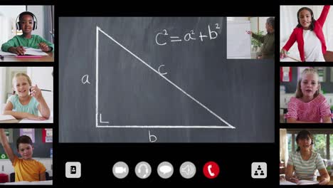 animation of interface screen with chalkboard, teacher and six diverse children in online lesson