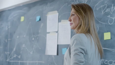 caucasian businesswoman standing at blackboard