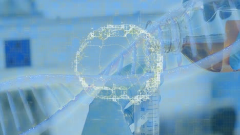 Animation-Eines-DNA-Strangs-Und-Eines-Menschlichen-Gehirns-über-Einem-Laborreagenzglas