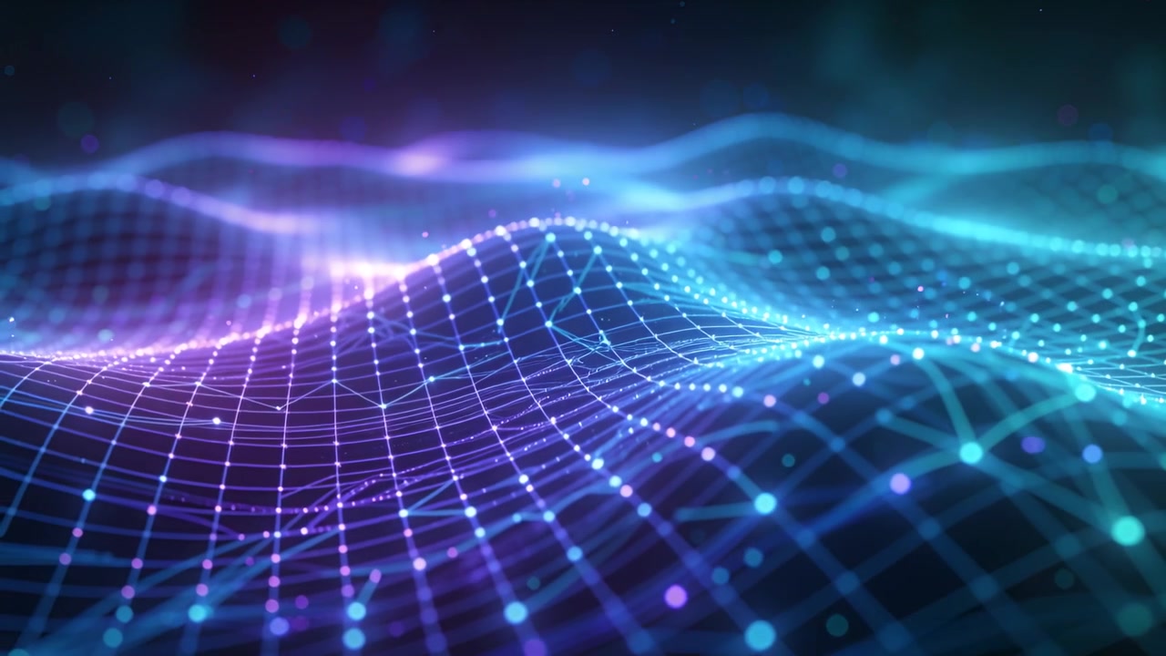 Camera advancing, animated neon 3D mesh undulating across dark void, showing crests pulsing nodes
