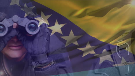 animación de la bandera de bosnia y herzegovina sobre un soldado diverso mirando a través de binoculares