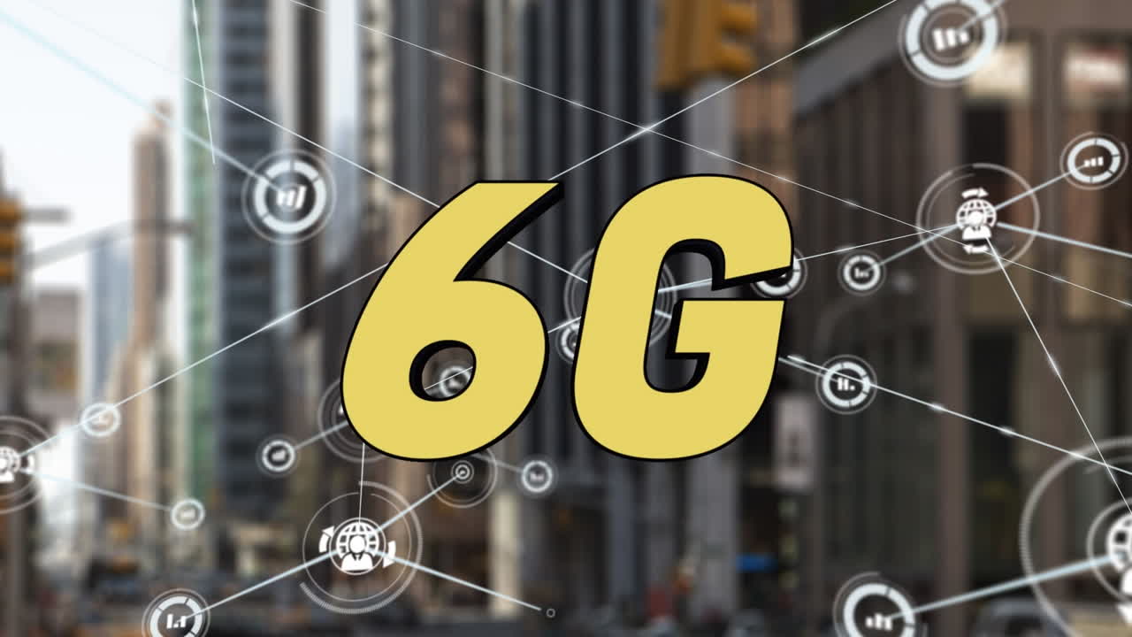 6g 텍스트, 도시 풍경 및 연결의 애니메이션