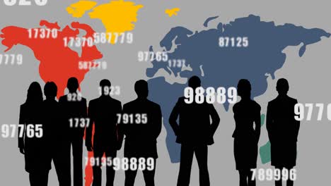 digital animation of increasing numbers against silhouette of businesspeople and world map on grey b