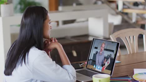 Caucasian-woman-using-laptop-on-video-call-with-male-colleague-working-from-home