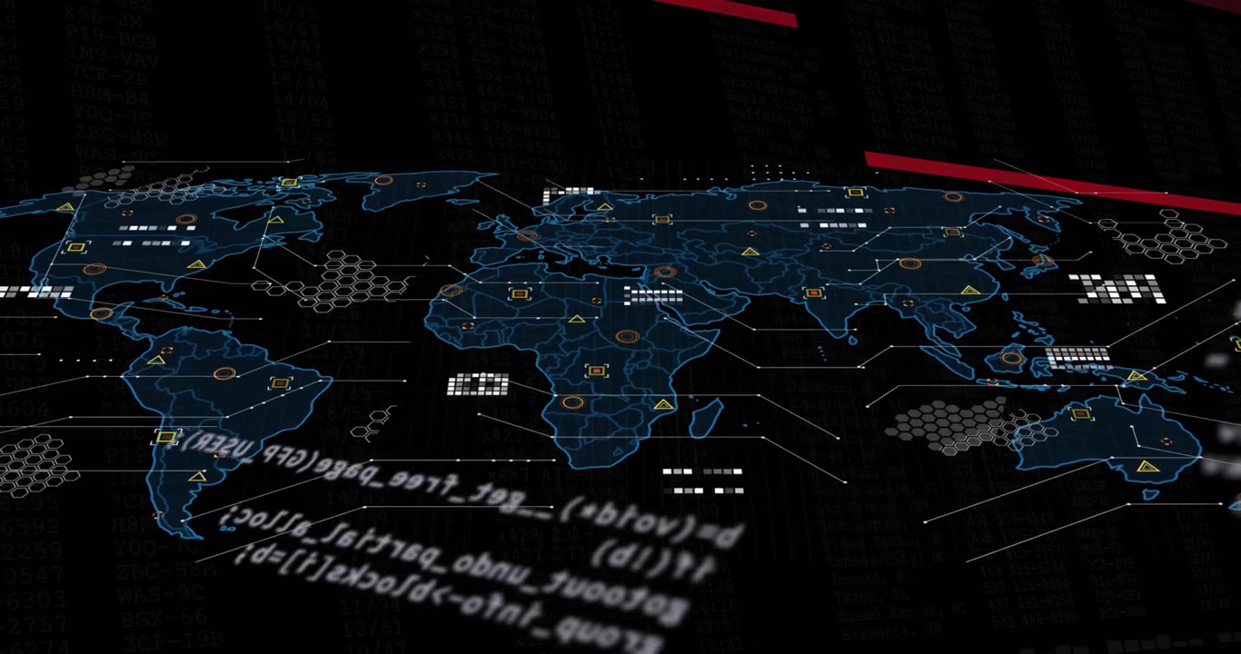 Digital World Map with Data Streams and Cyber Security Interface