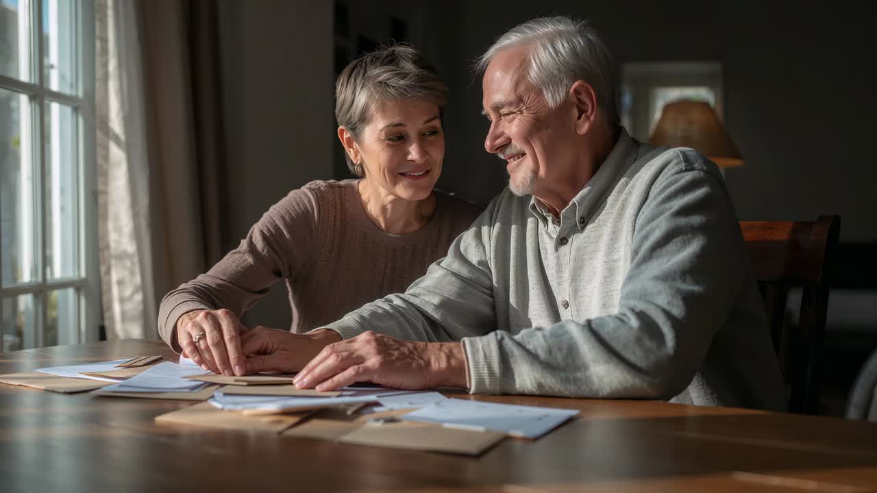 Sorting senior couple responding to stack of mail, reviewing envelopes at wooden dining table