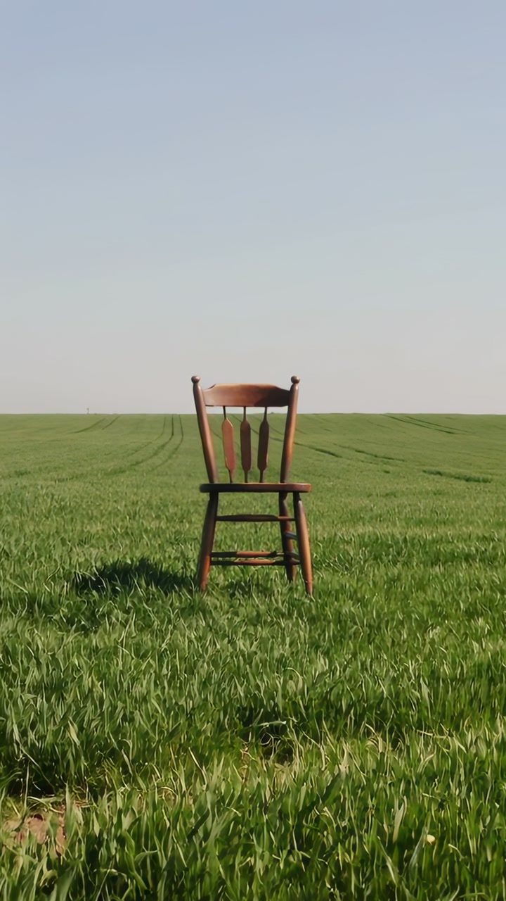 Vertical video: Zooming camera toward wooden chair in open field, highlighting chair and tracks