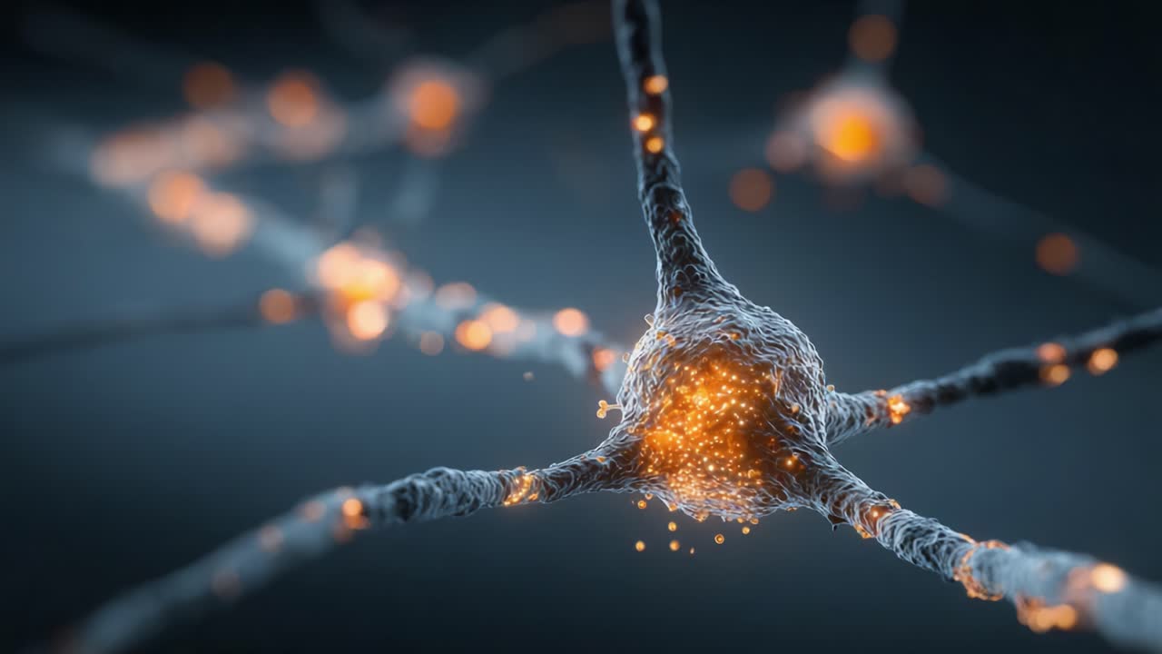 Detailed Visualization of Neurons Showcasing Synaptic Connections and Electrical Activity in a Neural Network Environment Illuminated by Glowing Particles