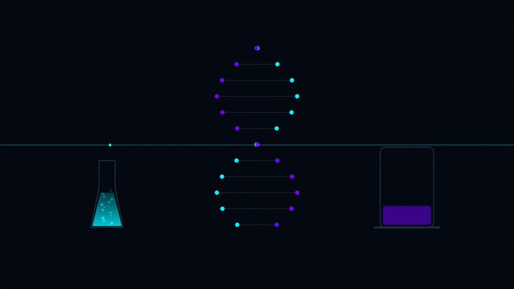 Animated DNA Helix with Laboratory Glassware on Dark Background