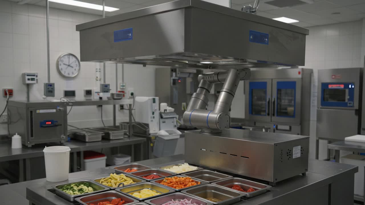 A Modern Commercial Kitchen Setup Featuring a Food Preparation Station with Fresh Ingredients Neatly Arranged in Stainless Steel Containers Under Sophisticated Ventilation Equipment