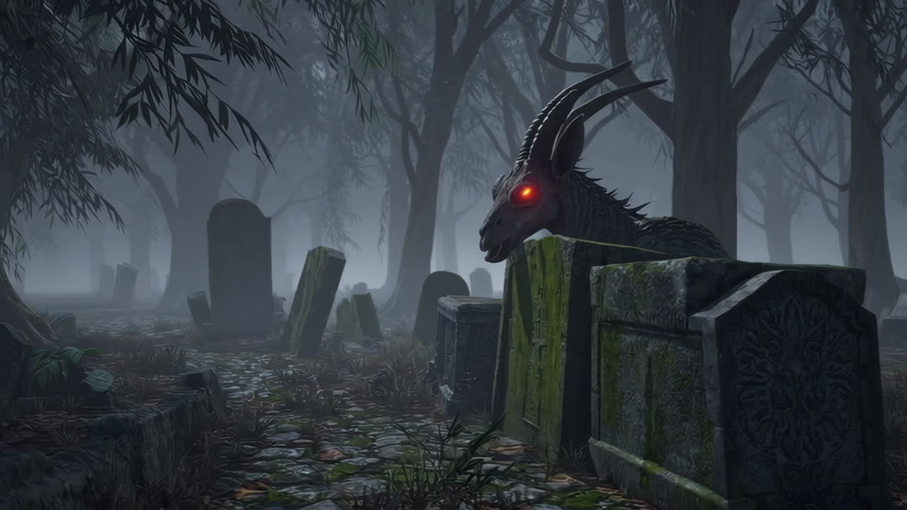 Nightmarish creature in a misty graveyard