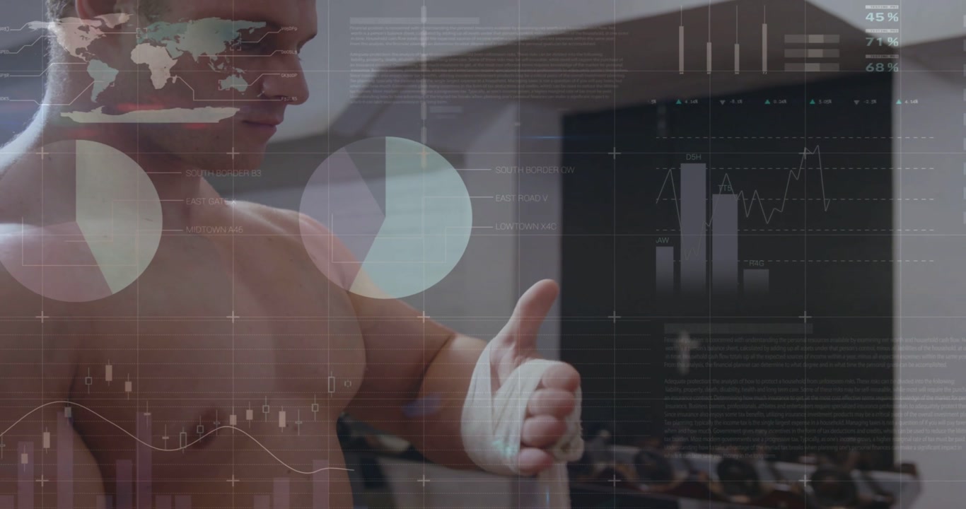 Man preparing for workout and wrapping hands in home gym, HUD graphs tracking tension