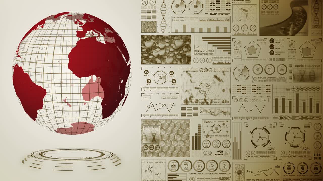 pandemia de infección. tierra global con puntos rojos de infección. holograma médico elementos de datos digitales gráfico. control infeccioso. vírus de curación. animación en bucle.