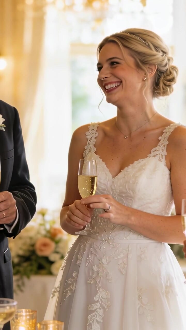 Vertical video: Smiling bride in lace gown touching man during reception toast, holding flute